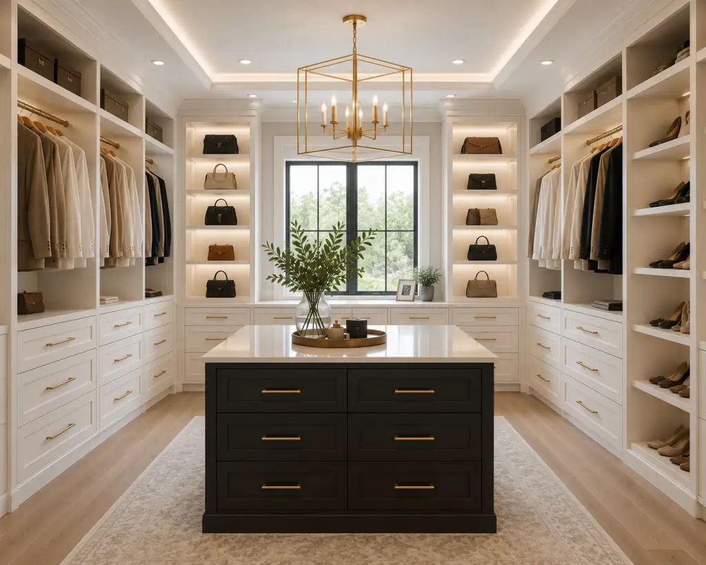 Bright modern walk in master closet wardrobe