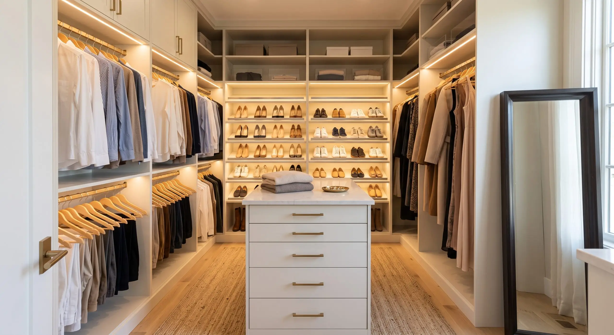 Reach-in custom closet design showcasing wall-hung steel tracks, double hanging clothing rods, adjustable shoe shelves, and neat accessory dividers.