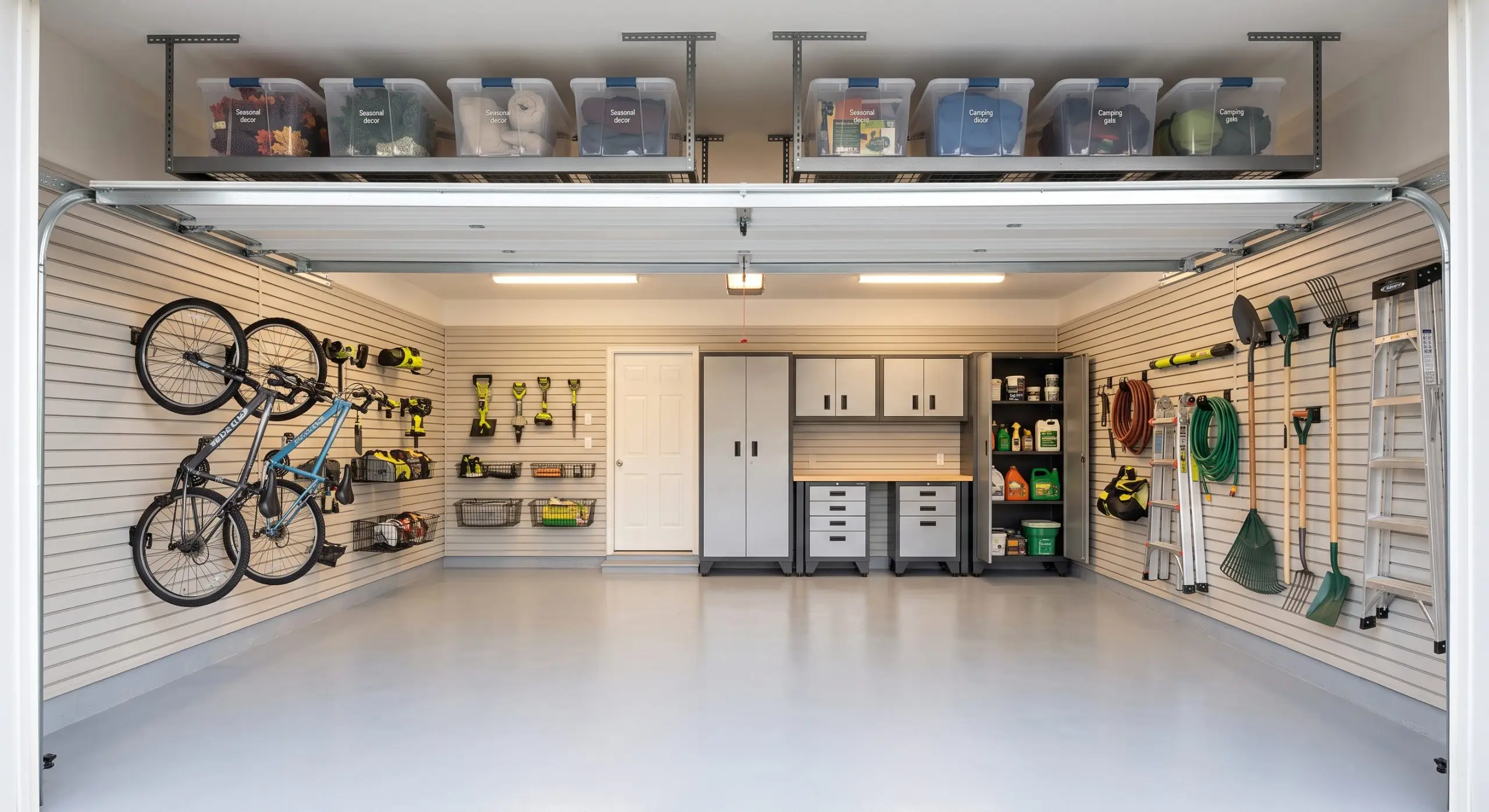 Alt Text: Heavy-duty wall-mounted garage storage system with PVC slatwalls holding power tools, garden hoses, and folded ladders above clean epoxy flooring.