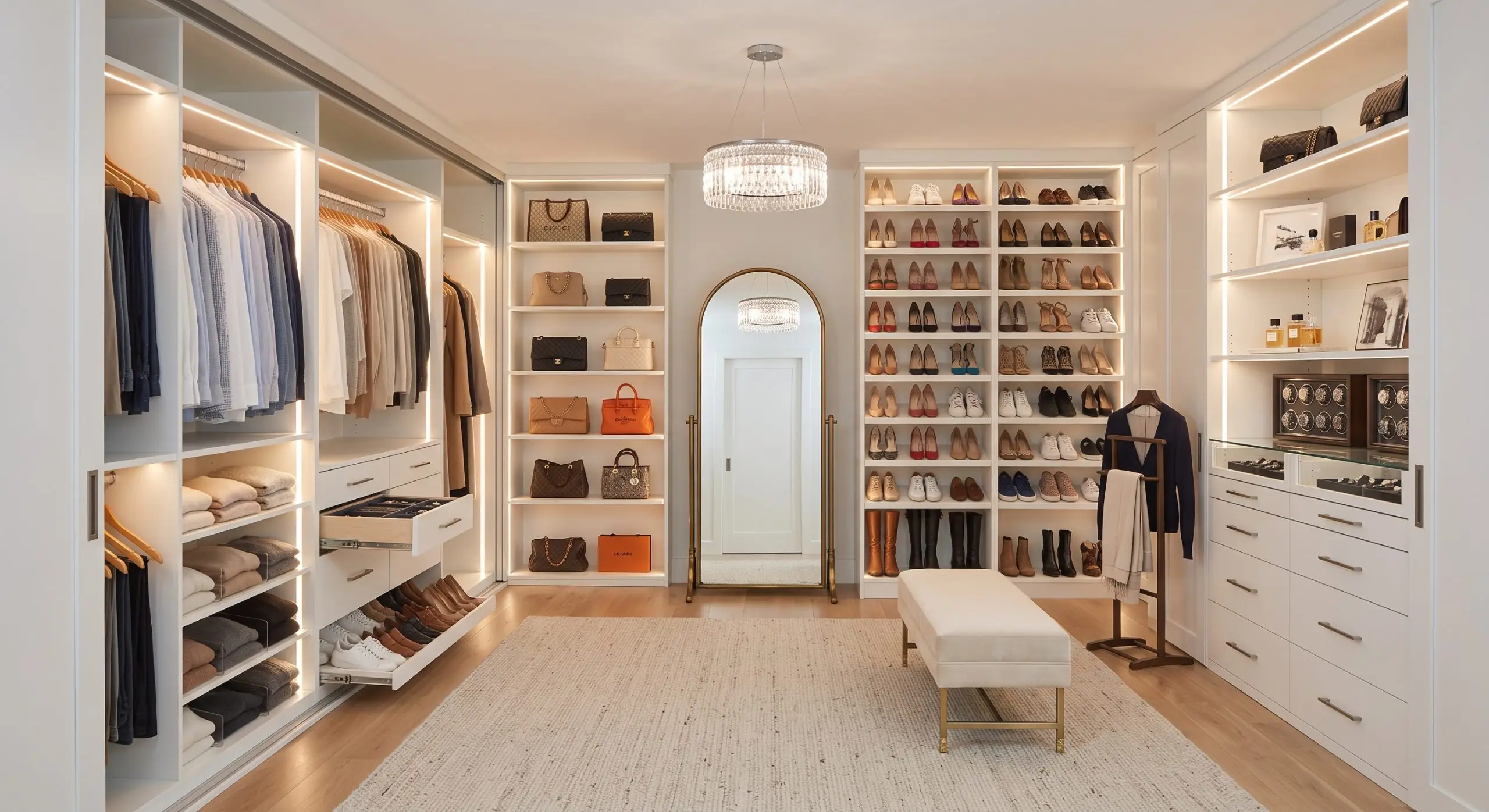 Modern white modular wardrobe closet system featuring double hanging rods, built-in shoe drawers, and clear storage bins in a master bedroom.