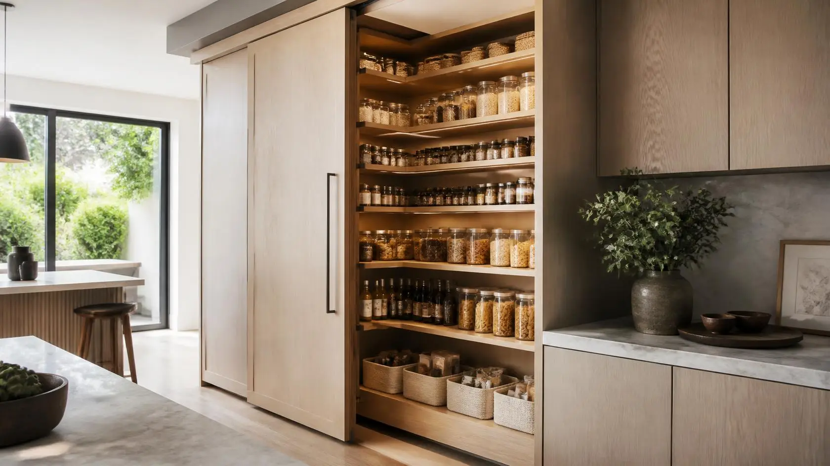 kitchen white oak sliding pantry cabinet
